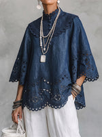 Boho Embroidered Eyelet Denim Blouse