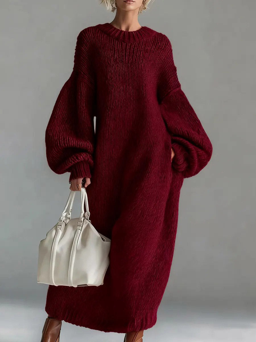Women's Solid Color Round Neck Long Sleeve Casual Loose Knit Dress