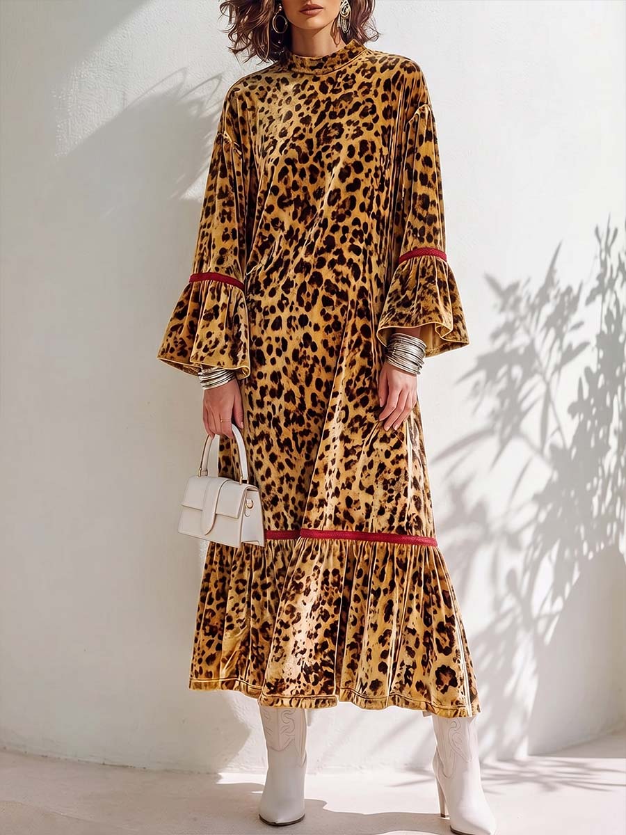 Women's Stand-collar Long-sleeve Loose-fit Leopard Print Velour Dress