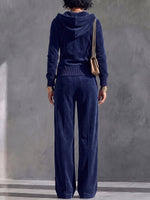 Women's Solid Color Collared Long-sleeved Casual Loose Hooded Top And High-waisted Wide-leg Pants Velvet Suit