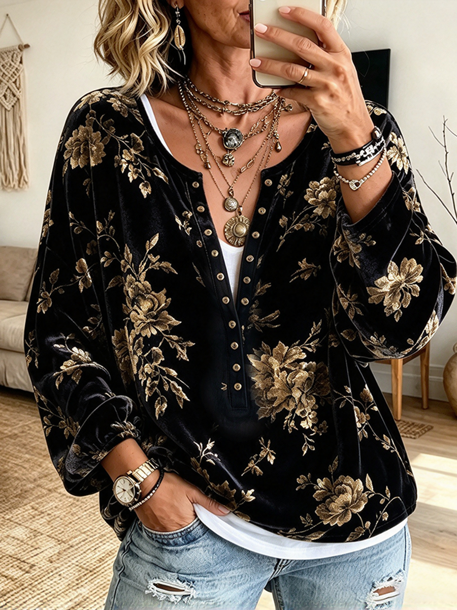 Vintage Floral Velvet Blouse