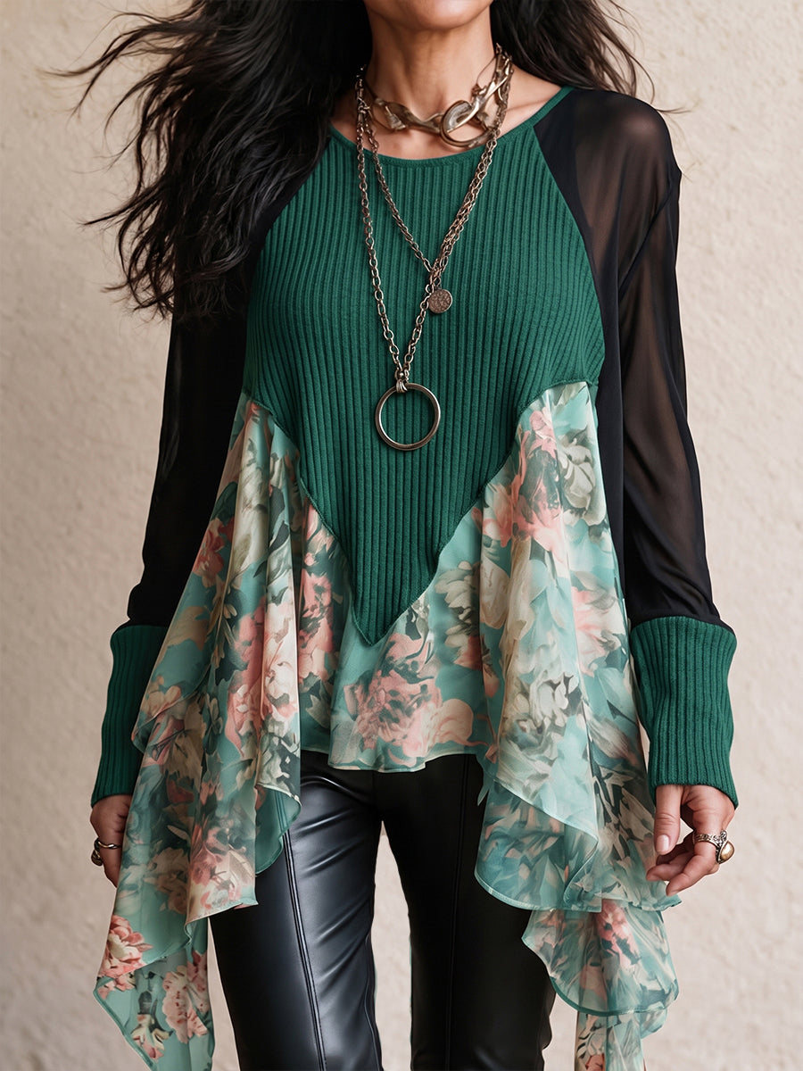 Romantic Forest Green Floral Hem Layered Tunic Top