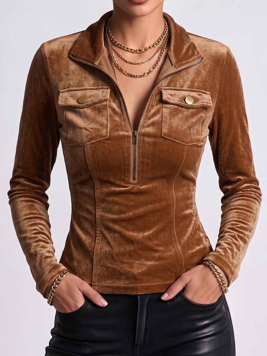 Women's Solid Color Lapel Long-sleeved Casual Loose Velvet Top