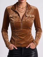 Women's Solid Color Lapel Long-sleeved Casual Loose Velvet Top