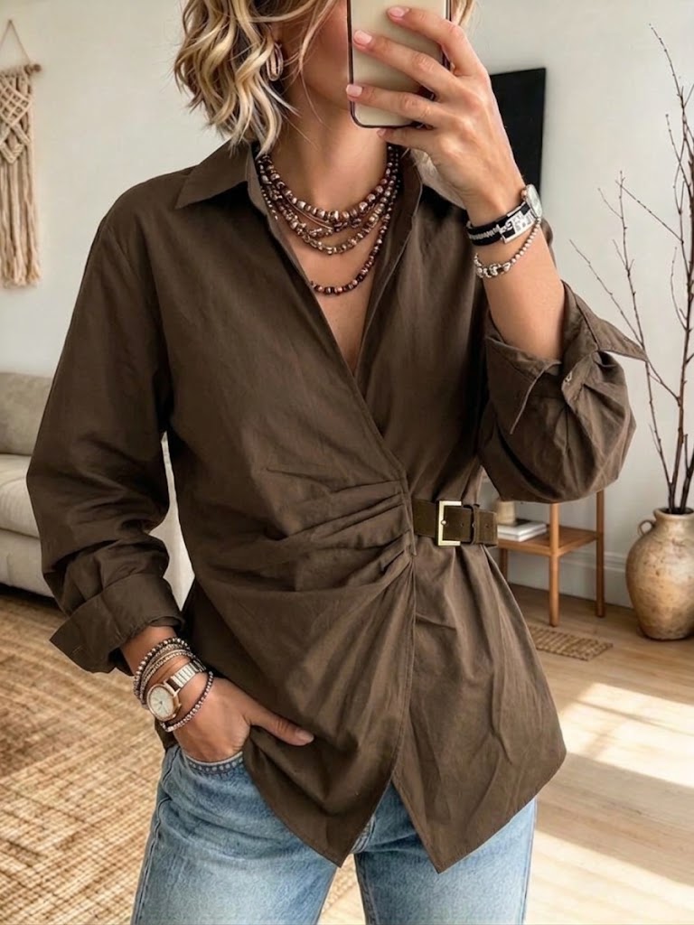 Chic Casual Lace-up Ruched Wrap-style Cotton Shirt