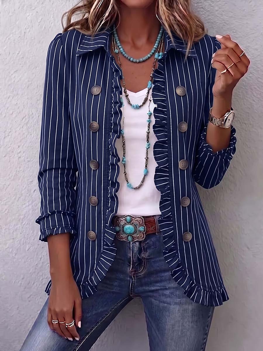 Women's Striped Printed Collared Long-sleeved Casual Loose Cotton Cardigan