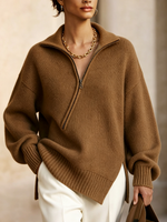 Stylish Asymmetrical Hem Half-zip Knit Top