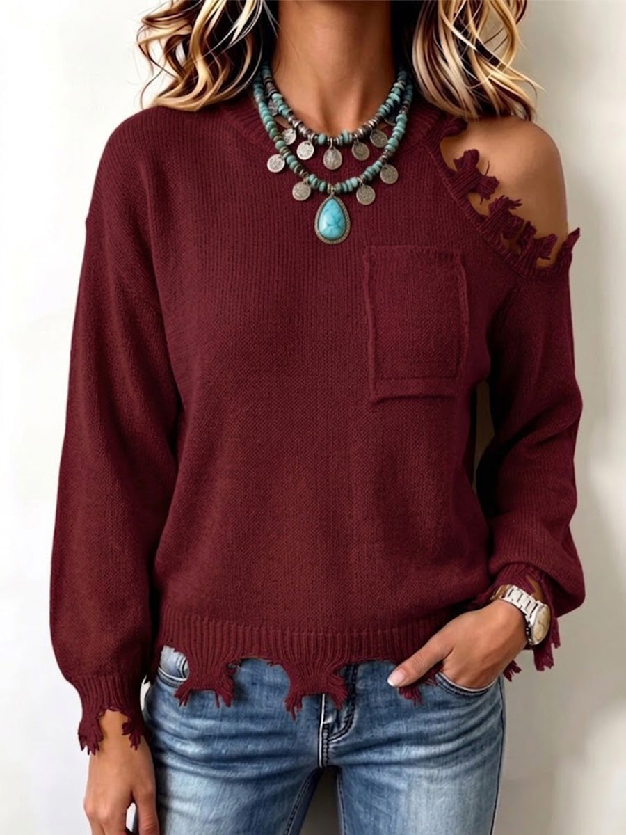 Distressed Frayed One‑side Cold‑shoulder Knit Sweater
