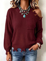 Distressed Frayed One‑side Cold‑shoulder Knit Sweater
