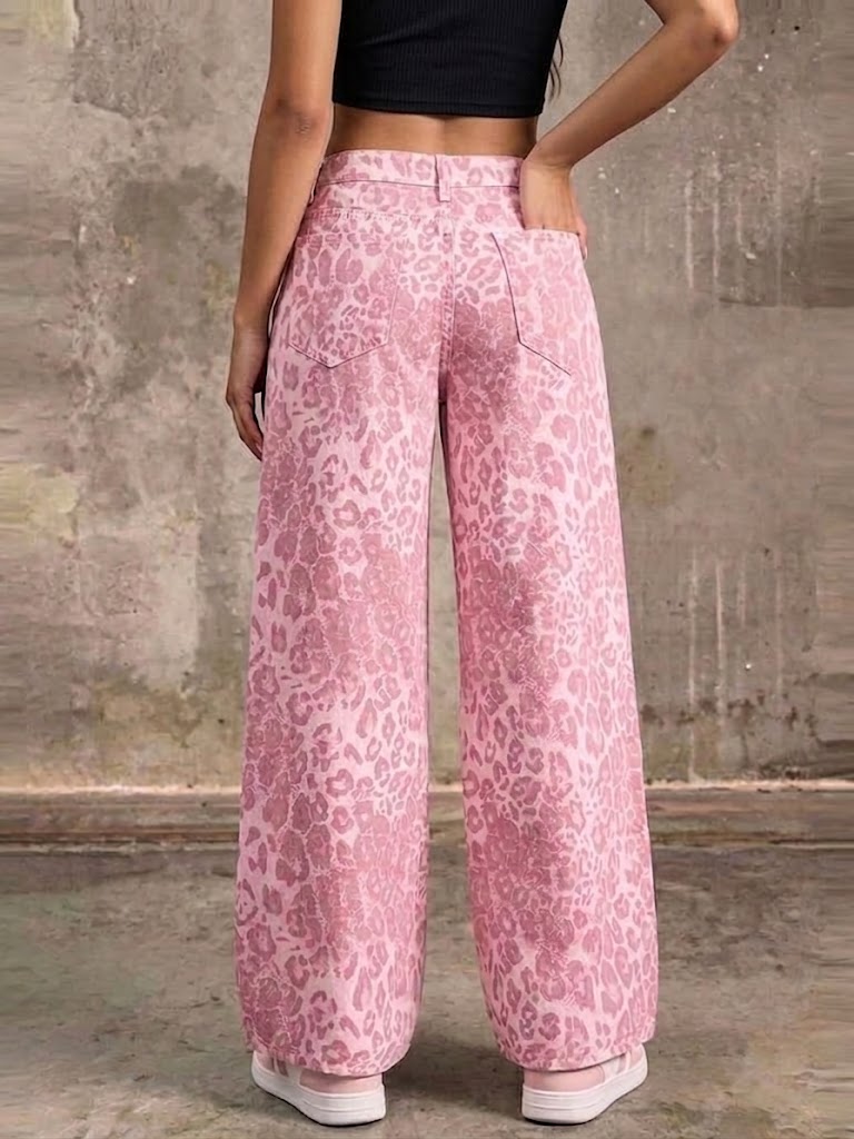 Pink Leopard-print Denim Trousers—loose, Casual, Straight-leg, Wide-leg Pants