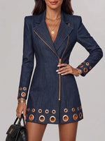 Women's Long-sleeve Casual Denim Dress Featuring Metal Eyelets And A Zipper