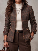 Classic Wool-blend Tailored Plaid Zip-Front Jacket