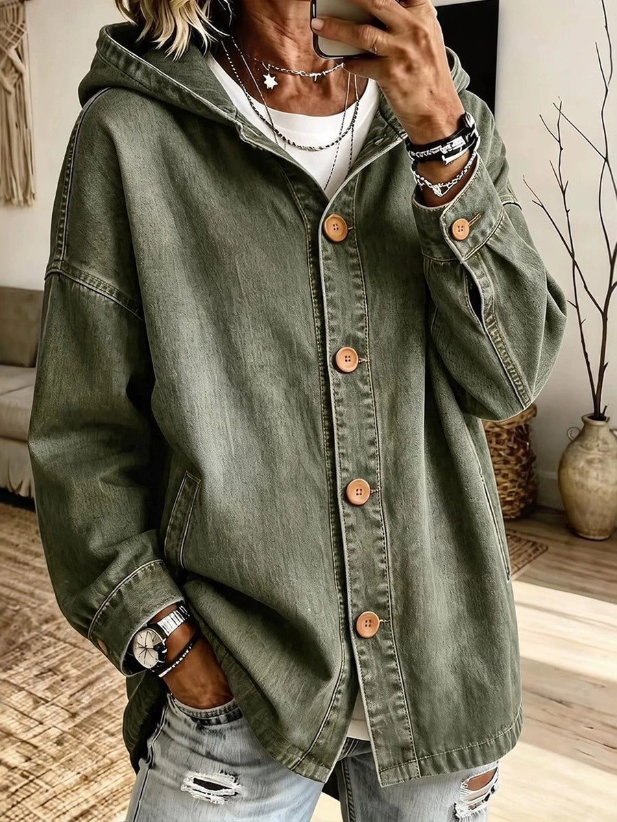 Casual Hooded Button-Front Denim Jacket