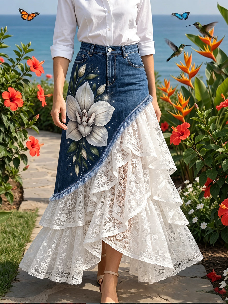 Elegant And Romantic Paneled Lace-and-denim Skirt