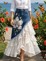 Elegant And Romantic Paneled Lace-and-denim Skirt