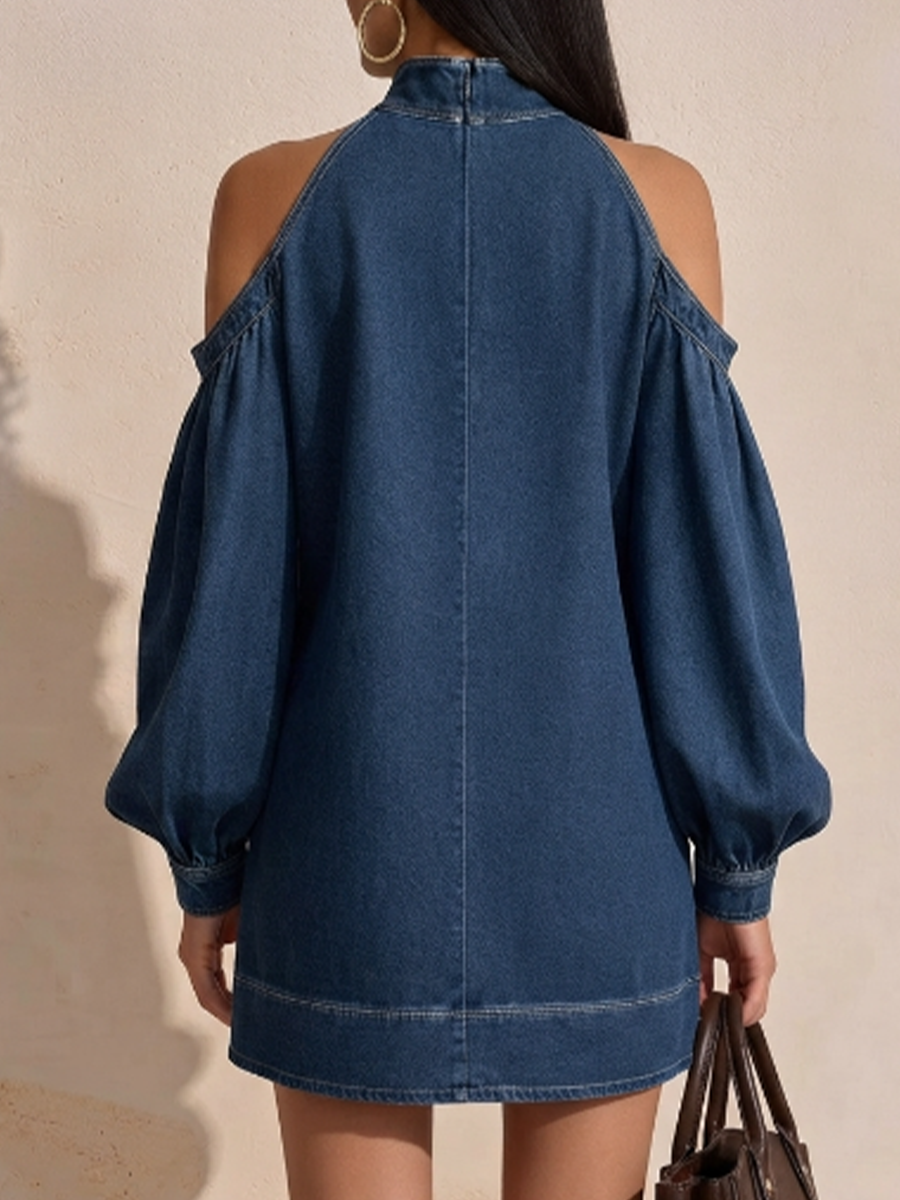 Halter Cold‑shoulder Metal Eyelet Denim Mini Dress