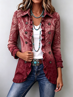 Bohemian Paisley Print Denim Ruffle Blazer