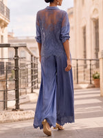 Stylish And Elegant Two-piece Set Featuring A Lace-paneled Linen-cotton Blend Shirt And Wide-leg Trousers.