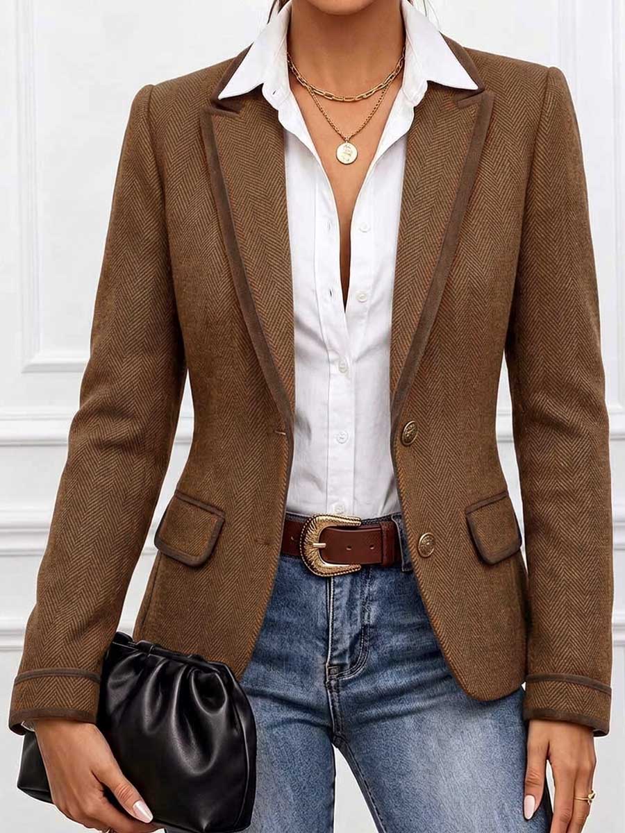 Women's Collared Long-sleeved Casual Loose Color-blocked Herringbone Coat