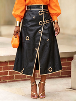 Trendy And Edgy Metallic Gold Grommets Pu Skirt