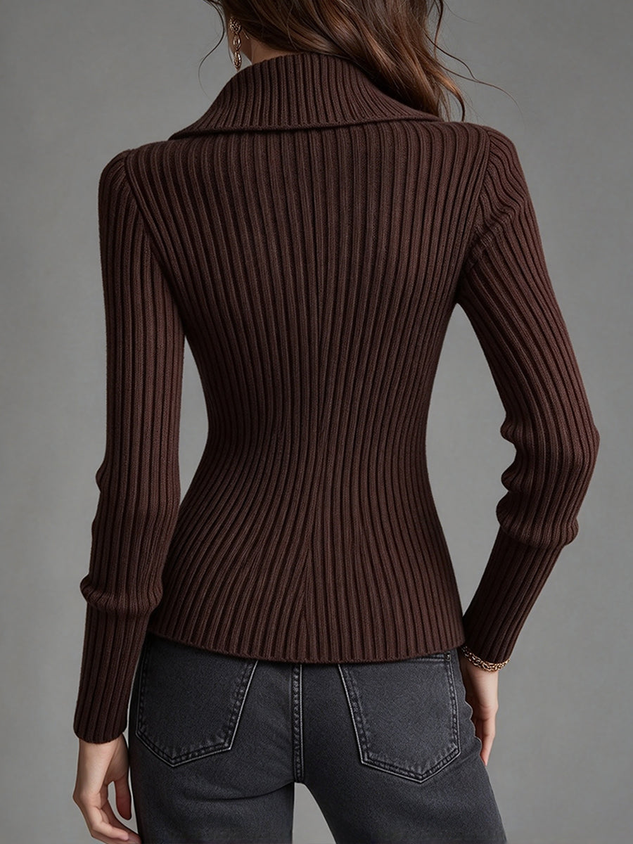 Chic Brown Ribbed-knit Wrap Cardigan With A Fold-over Collar