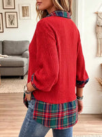 Christmas-themed Casual Plaid-paneled Ribbed Knit Top