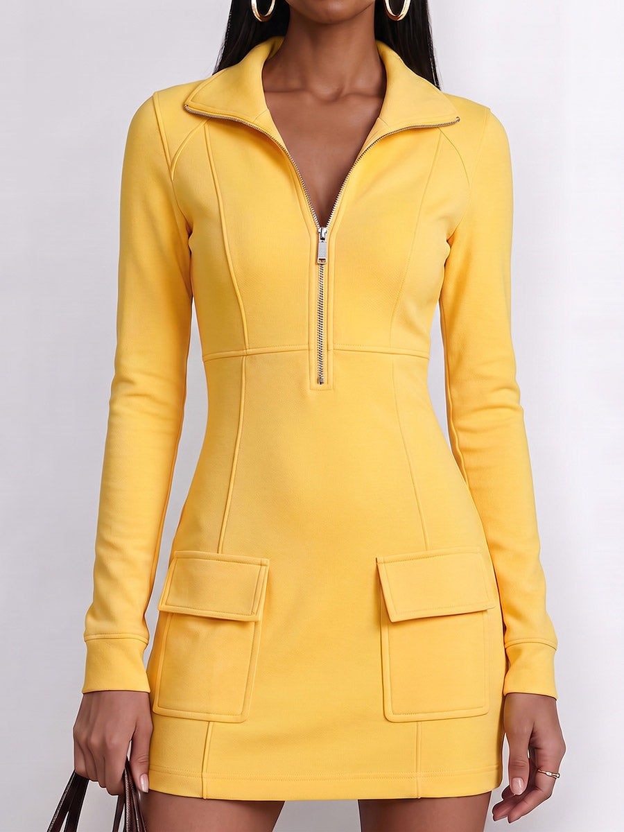 Women's Solid Color Collared Long Sleeve Casual Slim Fit Dress