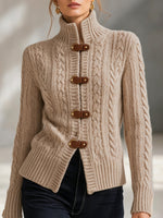 Chic Cable-knit Cardigan With Leather Button Details