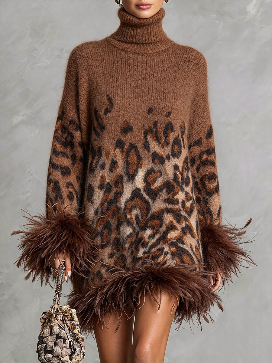 Chic Ombré Leopard-print Feather-trim Knit Dress