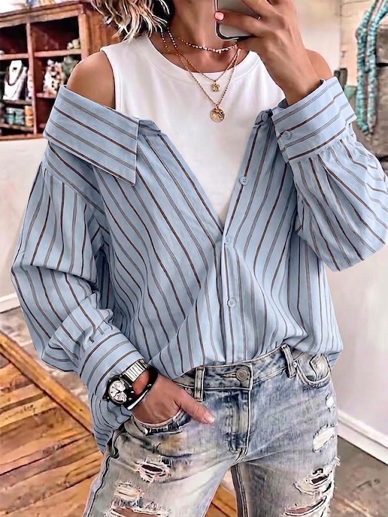 Striped Blended Off-shoulder Shirt With A Layered Look