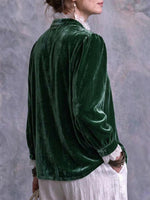 Women's Vintage Green Velvet Blouse With Lace Ruffle Trim