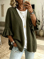Solid-color, Loose-fit, Casual Knit Cardigan With Three-quarter Sleeves