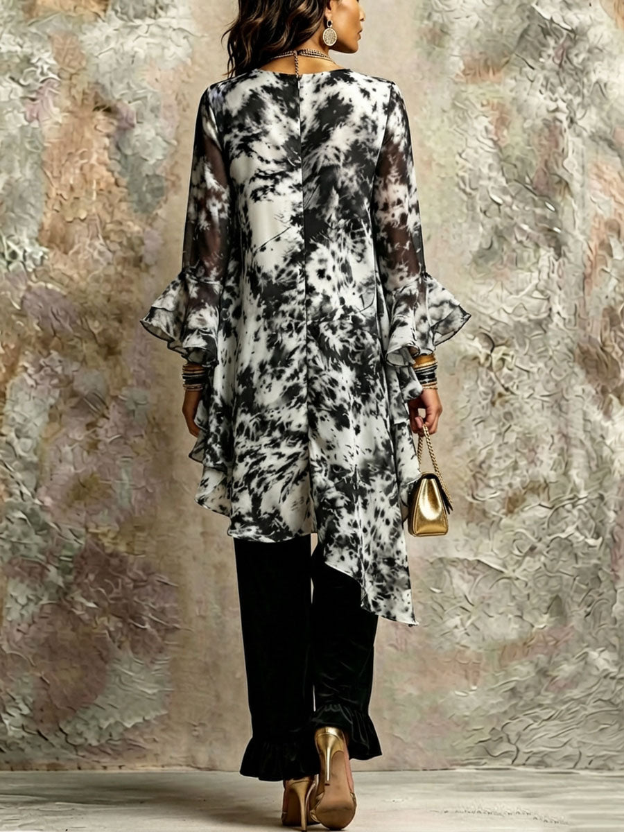 Chic Asymmetrical Ruffled Dramatic Tie-dye Set