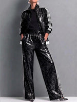 Women's Stand Collar Long Sleeve Casual Loose Color-blocked Sequined Cardigan High Waist Casual Wide Leg Pants Set