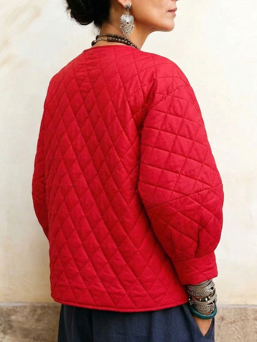 Women's Red Quilted Asymmetrical Wrap Pullover Top.