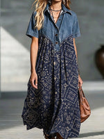 Midi Shirt Dress With Denim Patchwork And Vintage Paisley Print