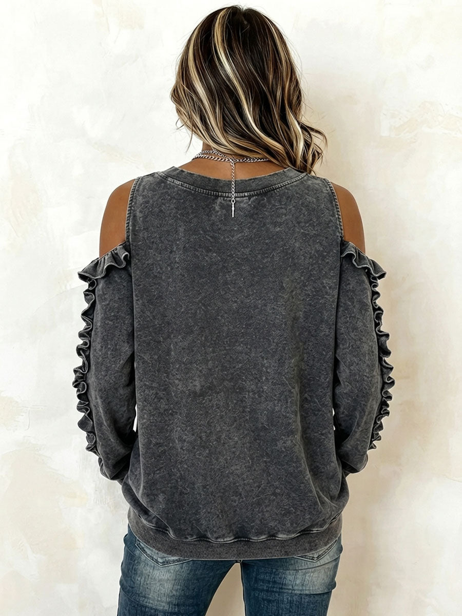 Edgy Acid-wash Cold-shoulder Ruffled Top