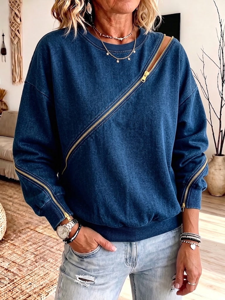 Oversized Casual Denim Sweatshirt Featuring A Diagonal Zipper And Cut-out Design.