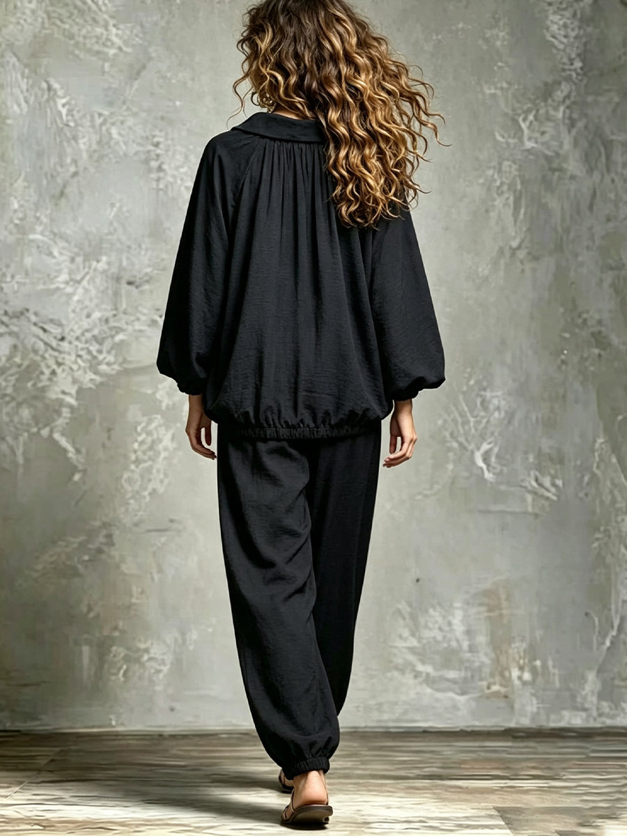 Loose-fit Casual Cotton-linen Top And Trousers Two-piece Set
