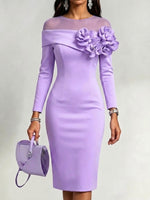 Solid-color, Slim-fit Dress With A Round Neck And 3d Floral Embellishment On The Side
