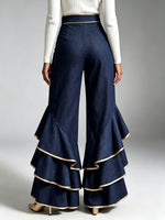 Asymmetrical Tiered Ruffle Denim Trousers