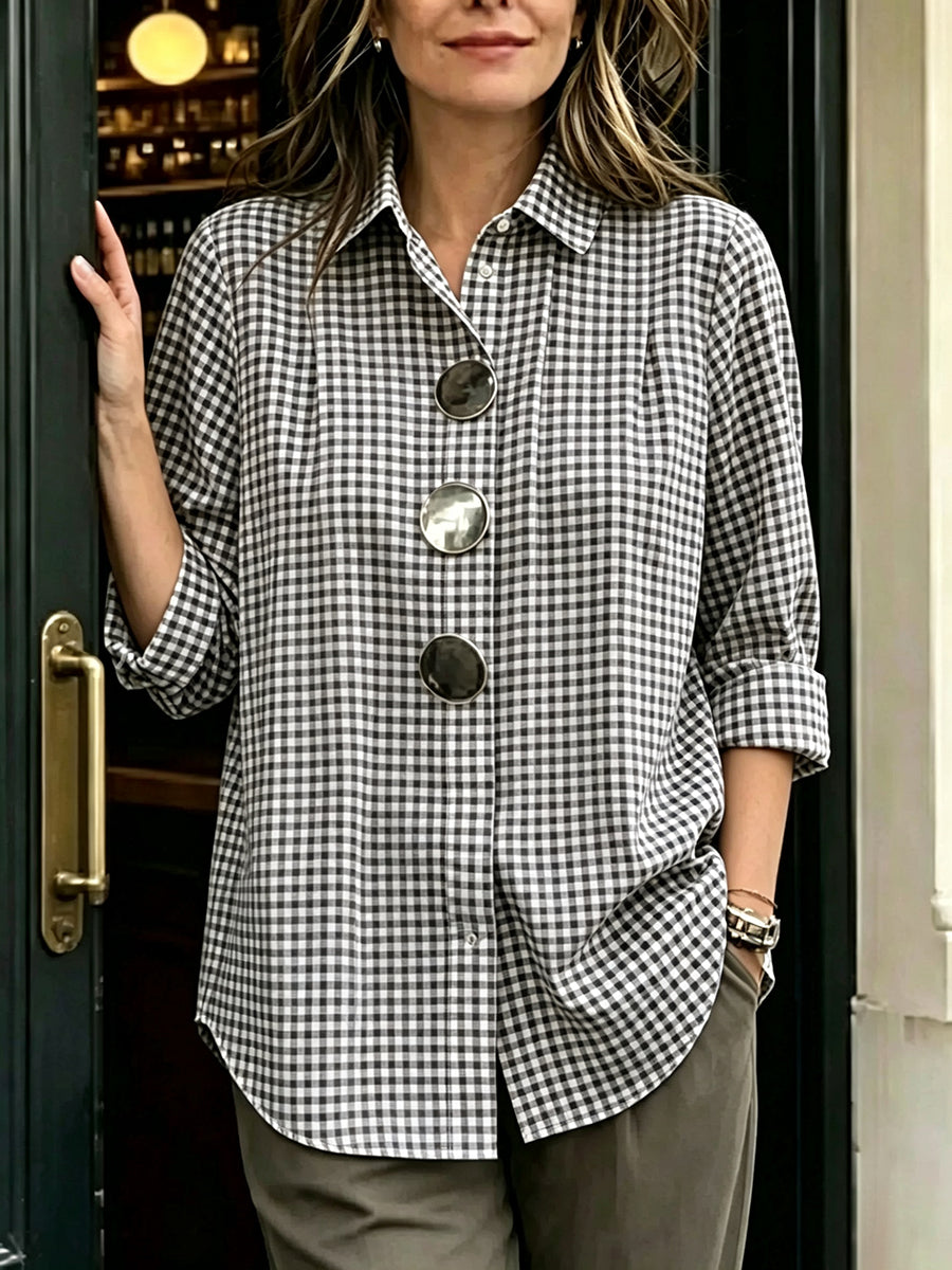 Retro Casual Plaid Cotton Shirt With Decorative Metal Buttons