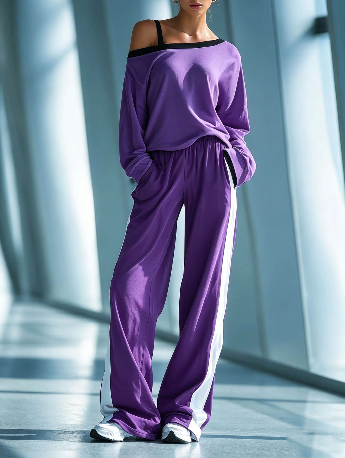 Casual Cotton One-shoulder Sweatshirt And Pants Two-piece Set
