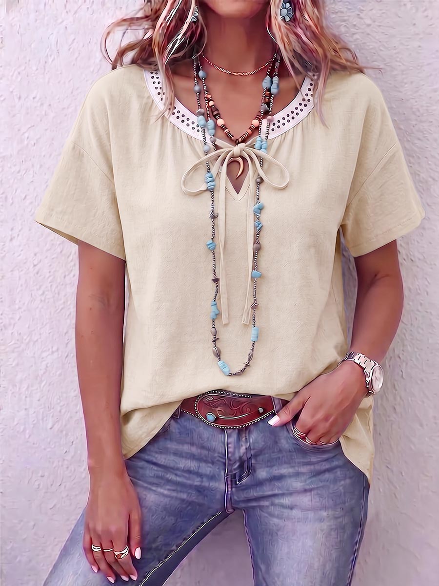 Women's V-neck Tie-waist Short-sleeved Casual Loose Cotton And Linen Top