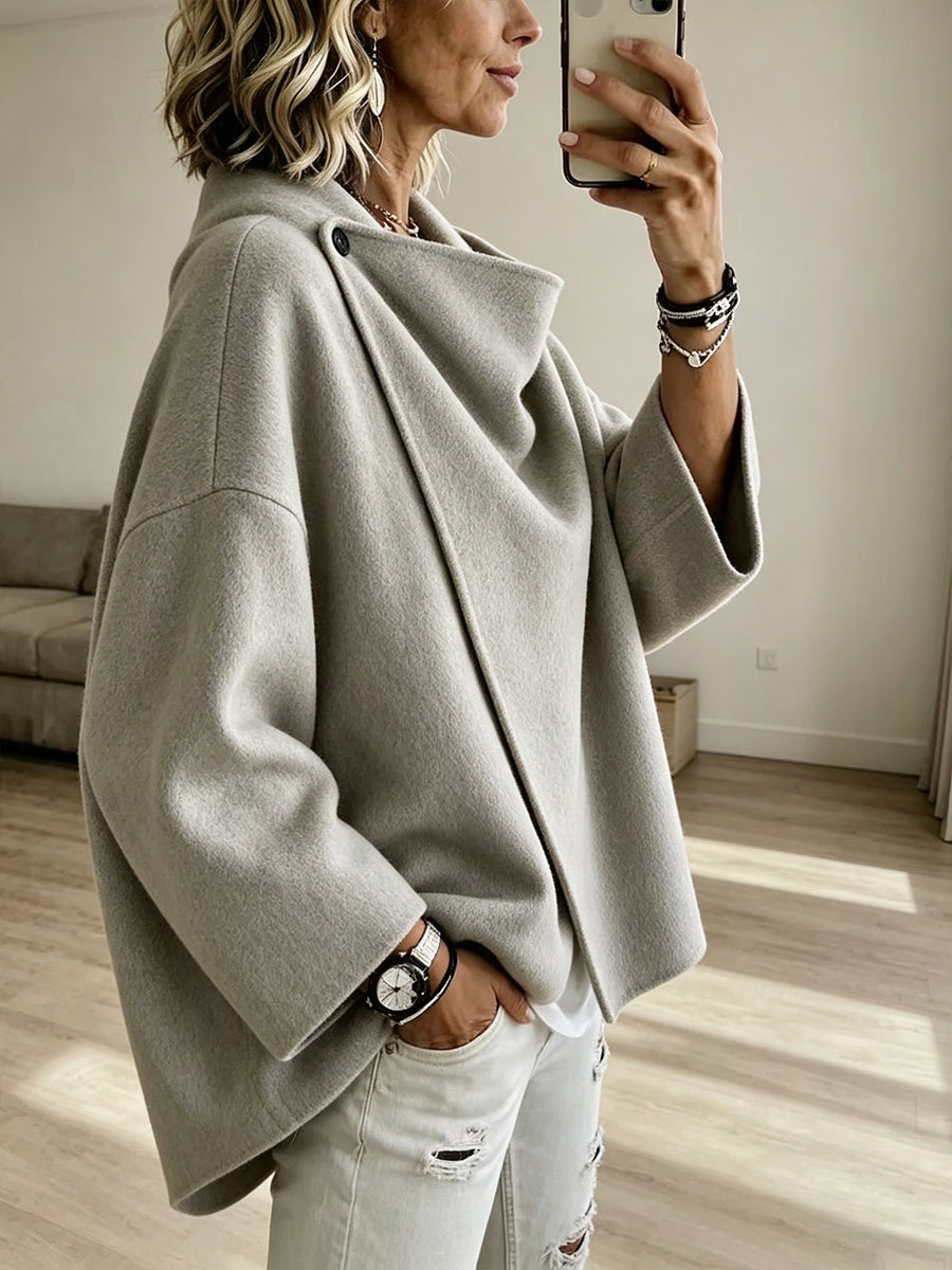 Cozy Asymmetric Button Wool-Blend Wrap Cape Jacket