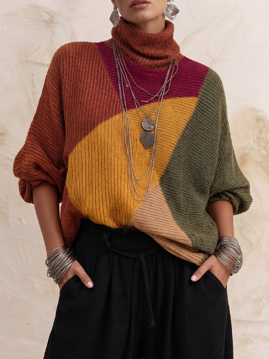 Boho-style Cozy Color-block Turtleneck Sweater