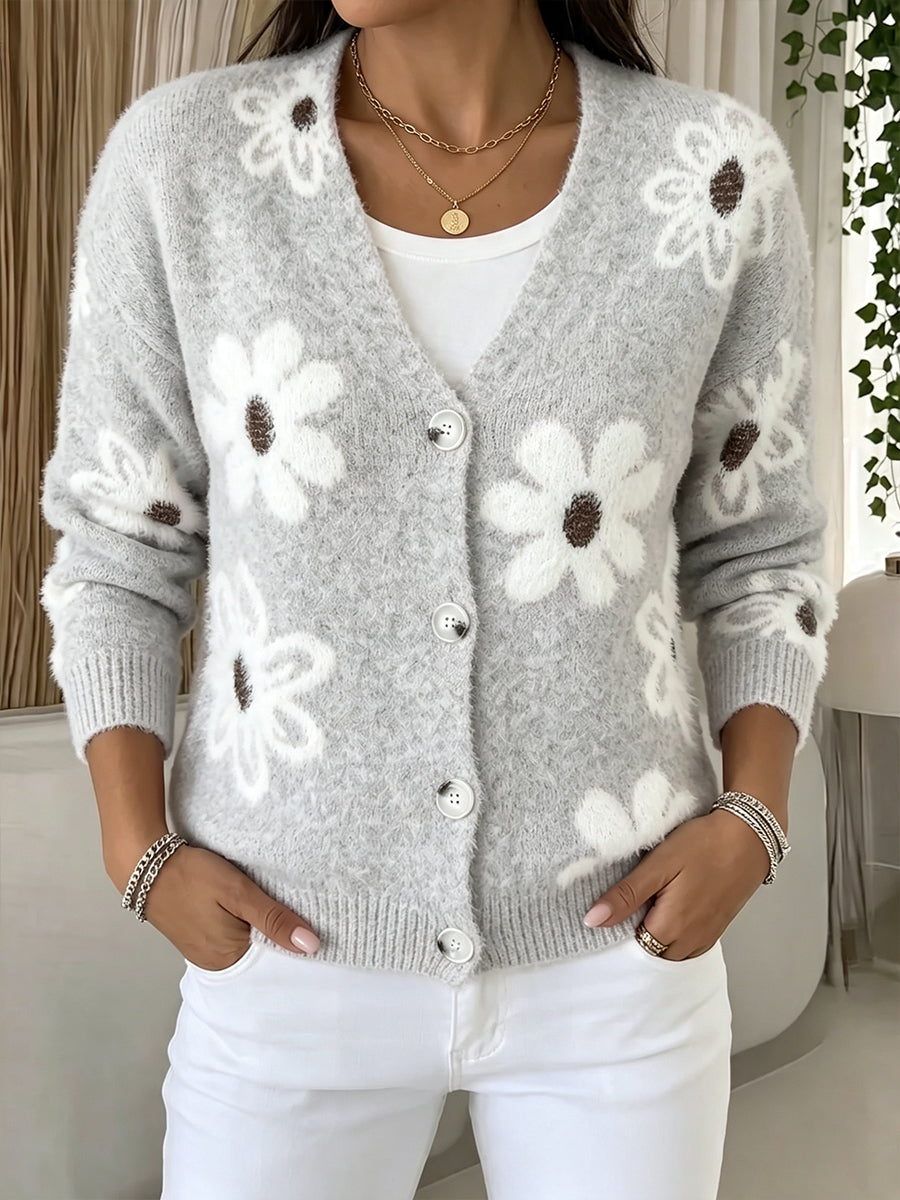 Sweet Floral Fuzzy V-Neck Cardigan