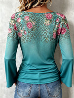 Bohemian Floral Leopard Stretchy Flared Sleeve Blouse