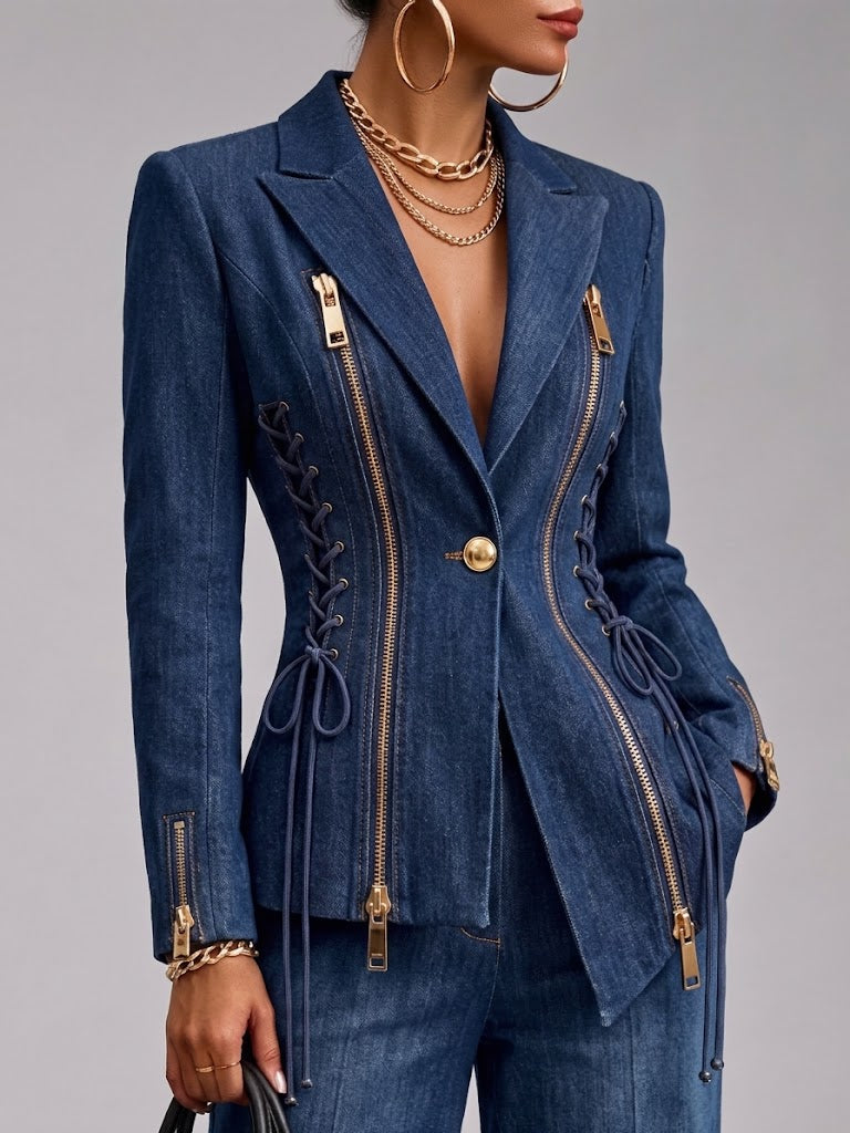 Stylish Denim Blazer With Lace-up And Zipper Details