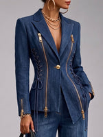 Stylish Denim Blazer With Lace-up And Zipper Details